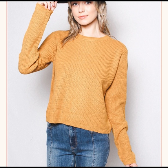 BOUTIQUE BACK LACE-UP RAGLAN LONG SLEEVE LOW-GAUGE MUSTARD SWEATER SIZE L - Picture 2 of 6